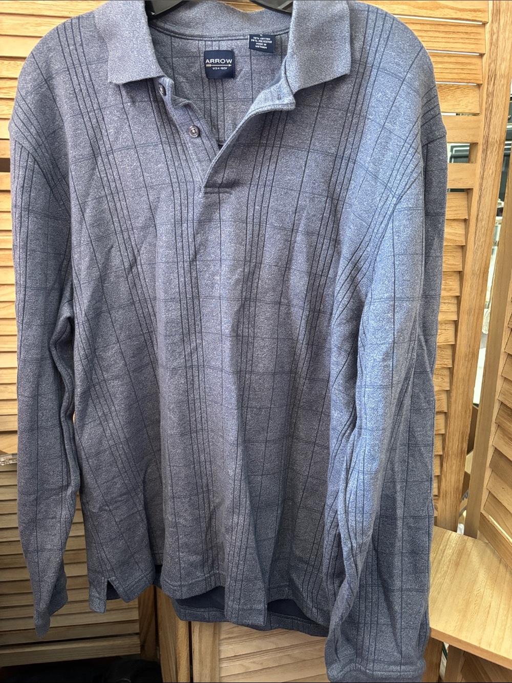 Arrow Men's Charcoal Gray Plaid Long Sleeve Polo Large